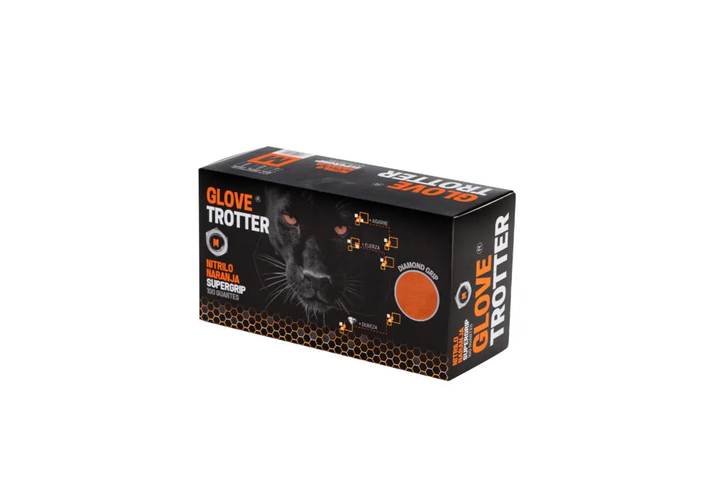 [GNGRIP04] OMARE GUANTE DE NITRILO NARANJA SIN POLVO SUPERGRIP GLOVETROTTER DIAMANTADO ( 100u)